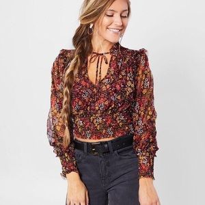 Free People Twyla Tie Neck Mesh Puff Sleeve Floral Print Long Sleeve Top